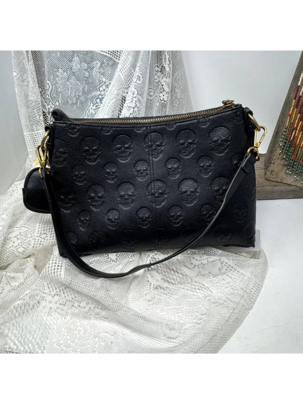 Betsey Johnson Skull Boss Satchel Black Gold Trim Top Handle